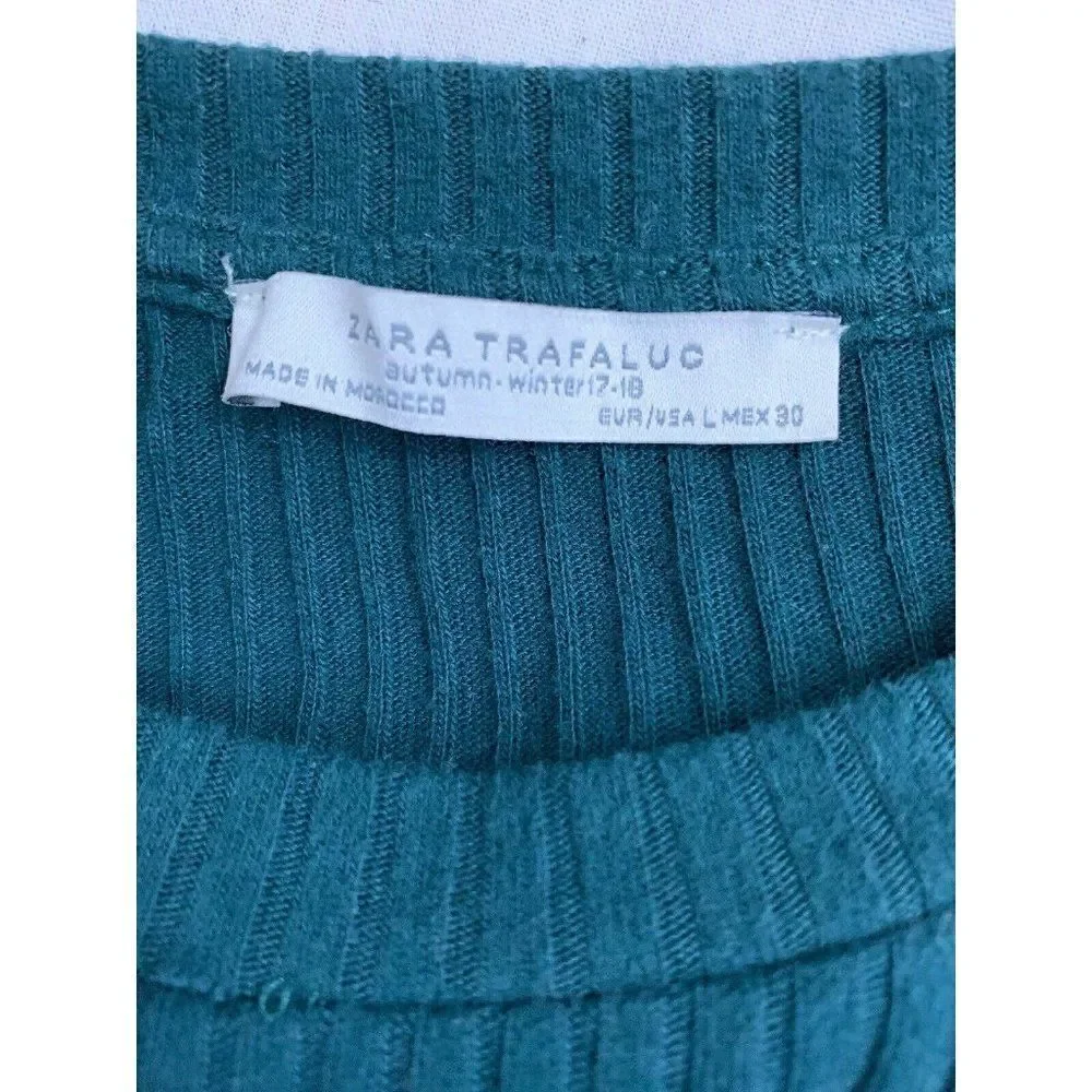 Zara Womens Solid Pine Green Long Sleeve Ribbed Sweater Top Large